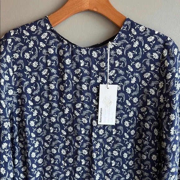 Reformation - Dark Blue & White Floral Print Long Sleeve Midi Dress Sz 10 NWT - Picture 5 of 13